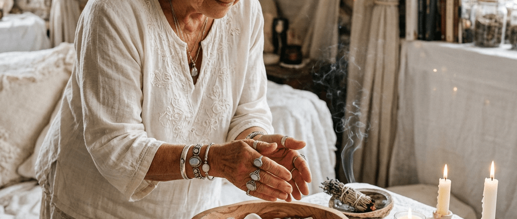 Elderly woman performing spiritual ritual with candles, flower petals, and an open book