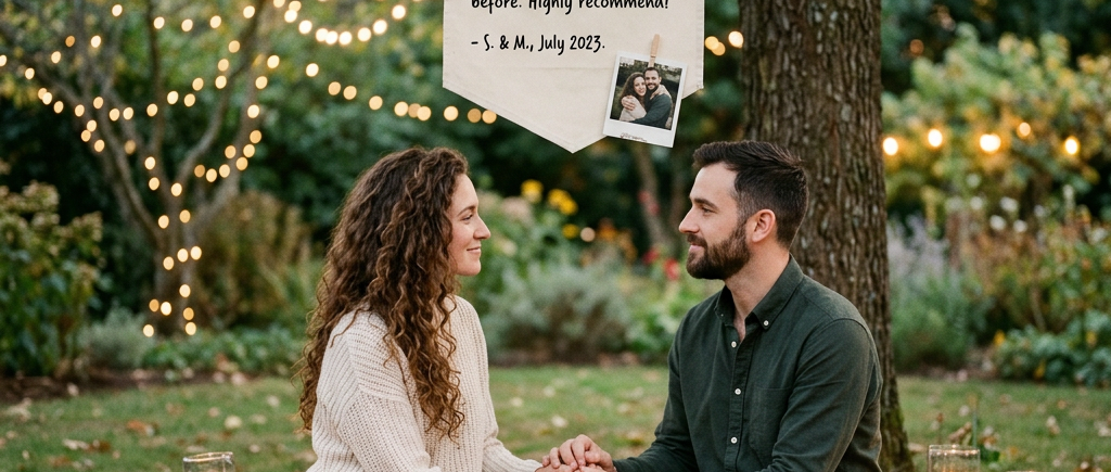 Couple holding hands during an outdoor love ritual with candles and essential oils