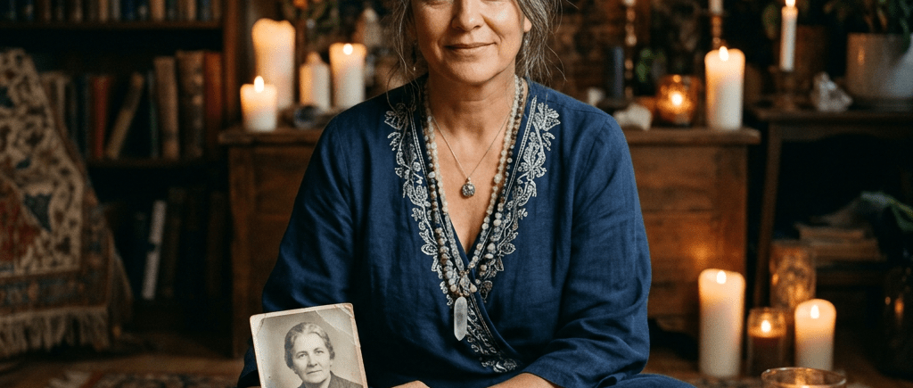 A woman holding a black-and-white portrait seated at a wooden table with candles, crystals, and tarot cards.