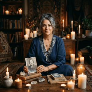 A woman holding a black-and-white portrait seated at a wooden table with candles, crystals, and tarot cards.