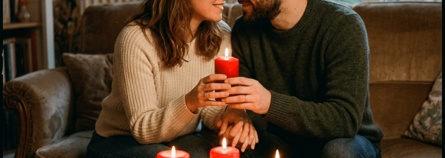 Couple sitting close on a couch holding a lit red candle surrounded by other lit red candles on a table