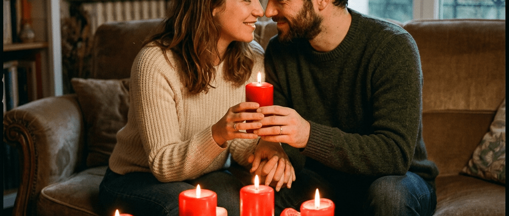 Couple sitting close on a couch holding a lit red candle surrounded by other lit red candles on a table