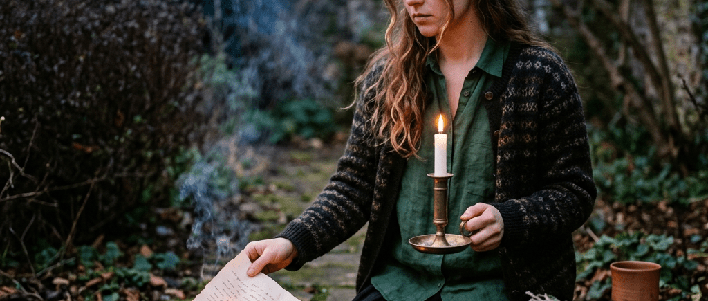 Woman kneeling outside burns a letter with a candle and metal bowl