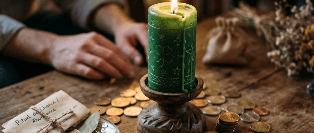Green candle burning on wooden stand with coins and ritual herbs around