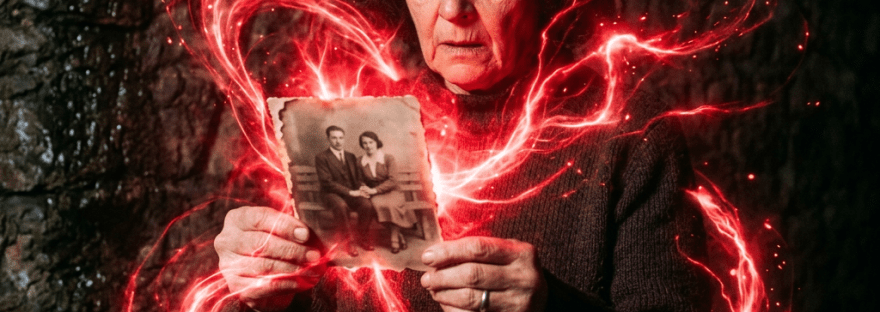 Woman holding an old photograph with glowing red light swirling around her