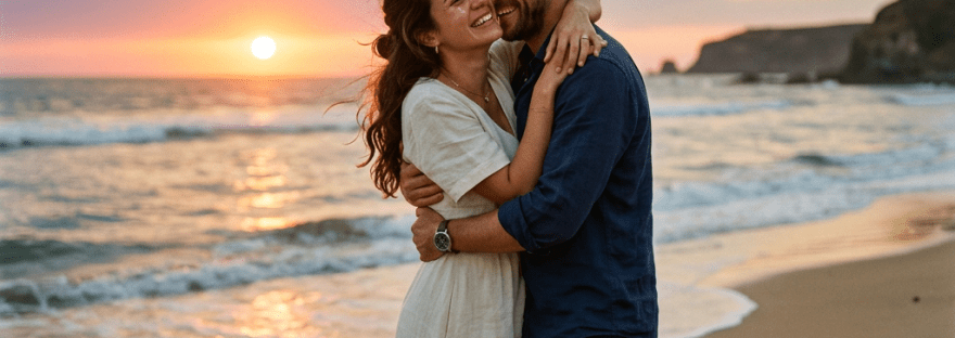 Couple hugging on beach with ocean and sunset in background