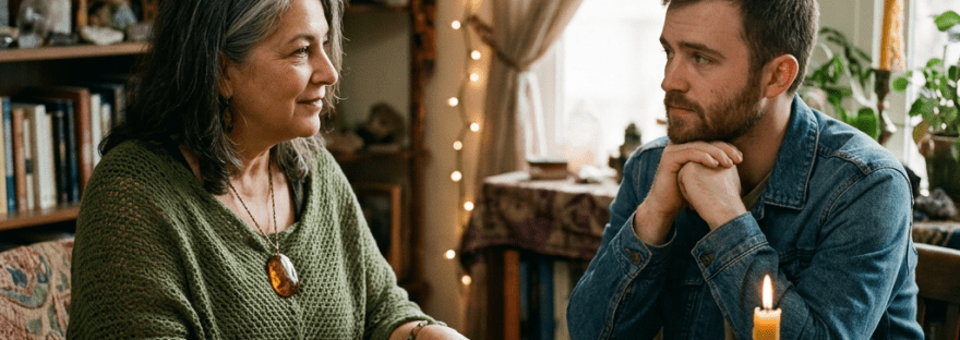 Woman performing a tarot card reading for a man seated at a table with photographs and a lit candle