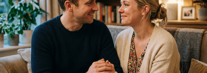A man and woman sitting on a couch holding hands and looking at each other with caring expressions
