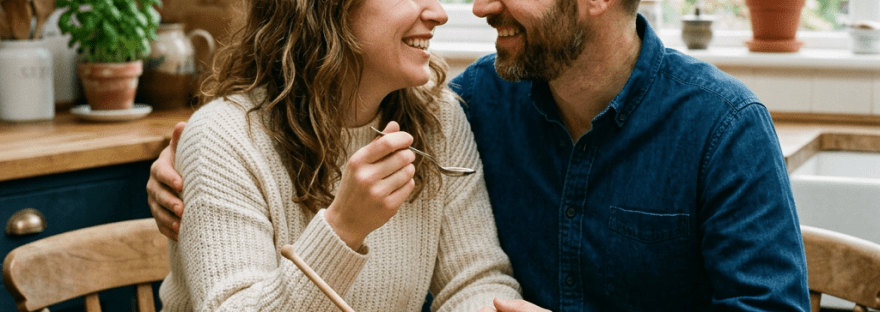 Couple smiling and holding hands at kitchen table with bread, honey jar, and mugs
