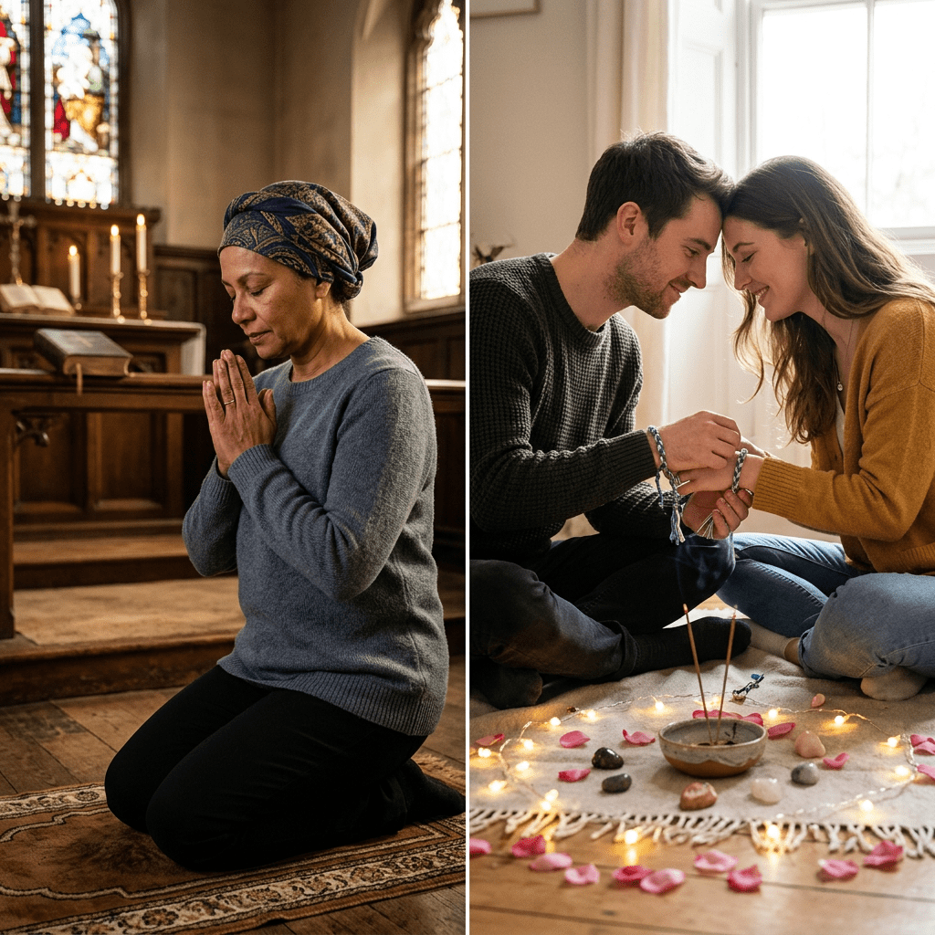 Woman praying on rug in church; couple sitting on floor with crystals and candles