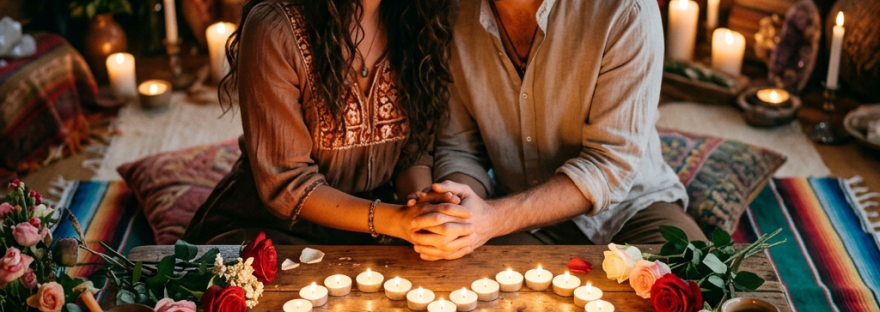 Couple holding hands with heart-shaped candle arrangement on table