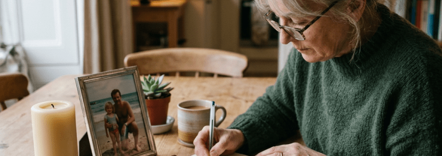 Older woman writing in a journal at a wooden table in a cozy kitchen