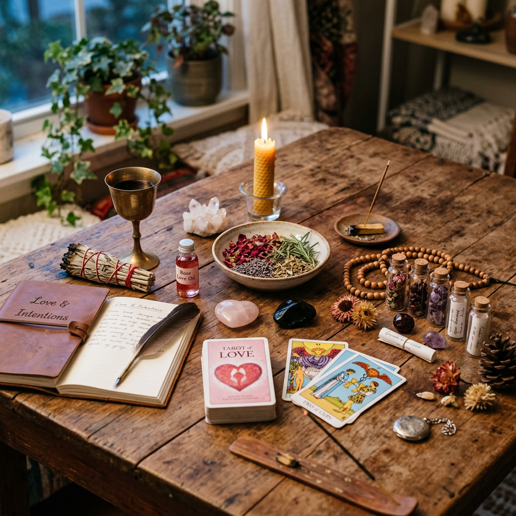 Wooden table with tarot cards, crystals, herbs, candle, and journal for spiritual practice