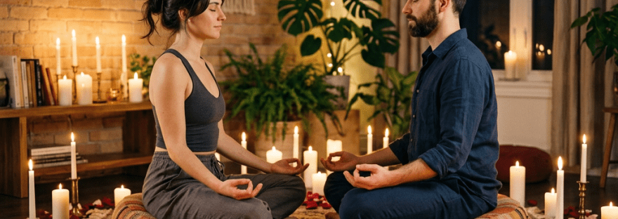 Man and woman sitting cross-legged on cushions meditating with eyes closed amid candles and rose petals