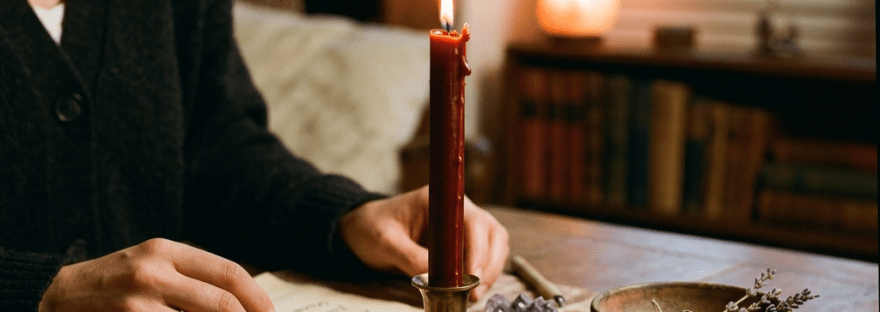 Lit red candle in brass holder surrounded by crystals and dried flowers on wooden table