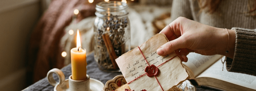 Hands holding a sealed vintage letter over a bowl with petals and crystals beside a lit candle