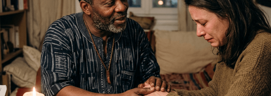 Tarot reader holding hand of crying woman with tarot cards on table